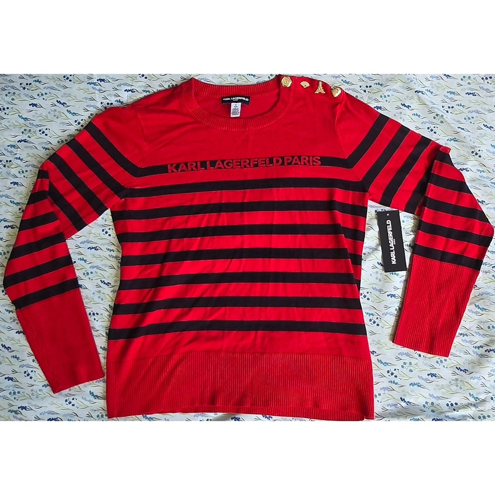 Karl Lagerfeld Paris Red Black‎ Stripe Crewneck Sweater Embellished Buttons M